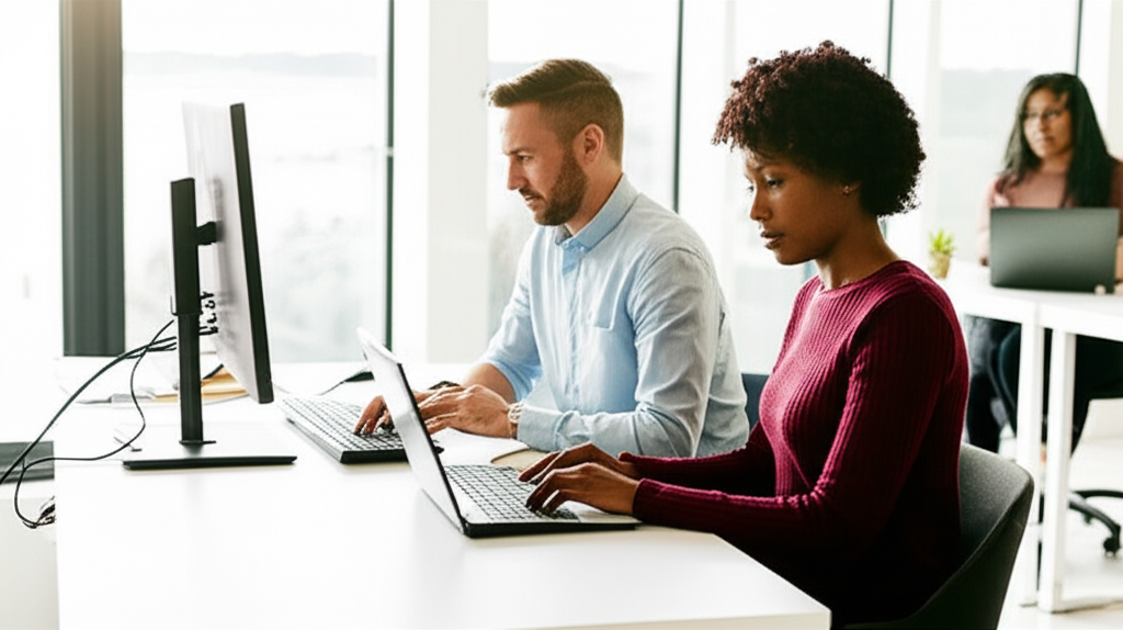 Team members working at computers in modern office